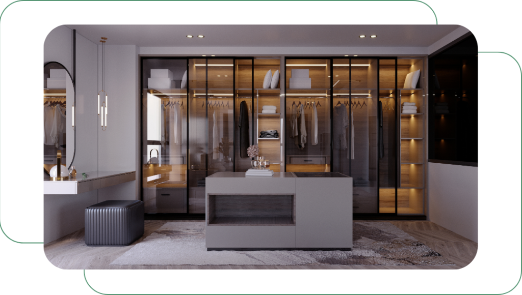 Custom walk-in closet system with shelving, drawers, and wardrobe units installed in Charleston home.