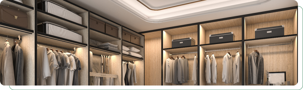 Custom walk-in closet system with shelving, drawers, and wardrobe units installed in Charleston home.